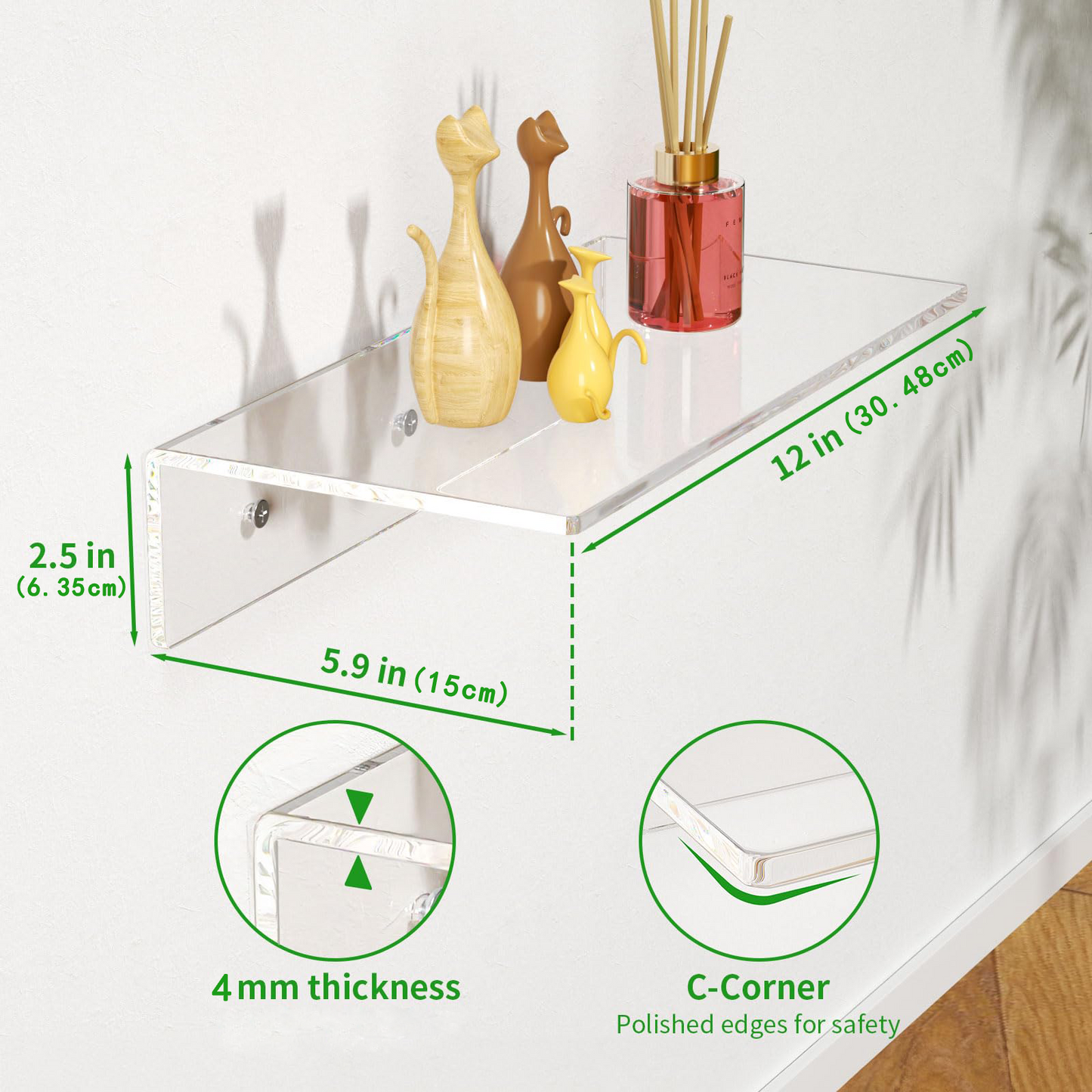 2 PCS Clear Acrylic Bathroom Shelves for Wall(15inch)