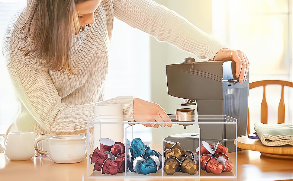Coffee Pod Holder, Organizer for K Cup, Storage for Coffee Station Counter, Compatible with Nespresso Capsule& Keurig Pods, Coffee Bar Accessories, Acrylic 4 Compartment with Lid - Clear