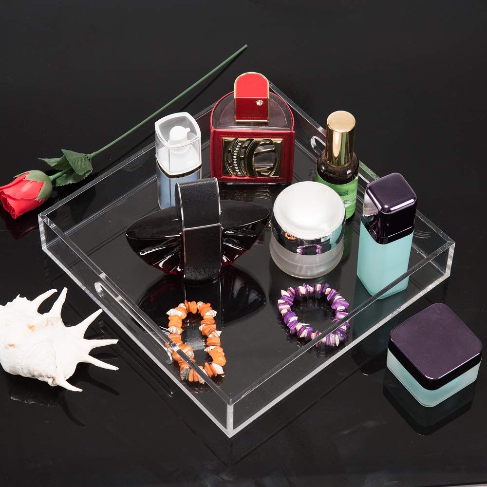 12x16 Inches -Spill Proof  Acrylic Serving Tray   Decorative Tray Organiser for Ottoman Coffee Table Countertop with Handles