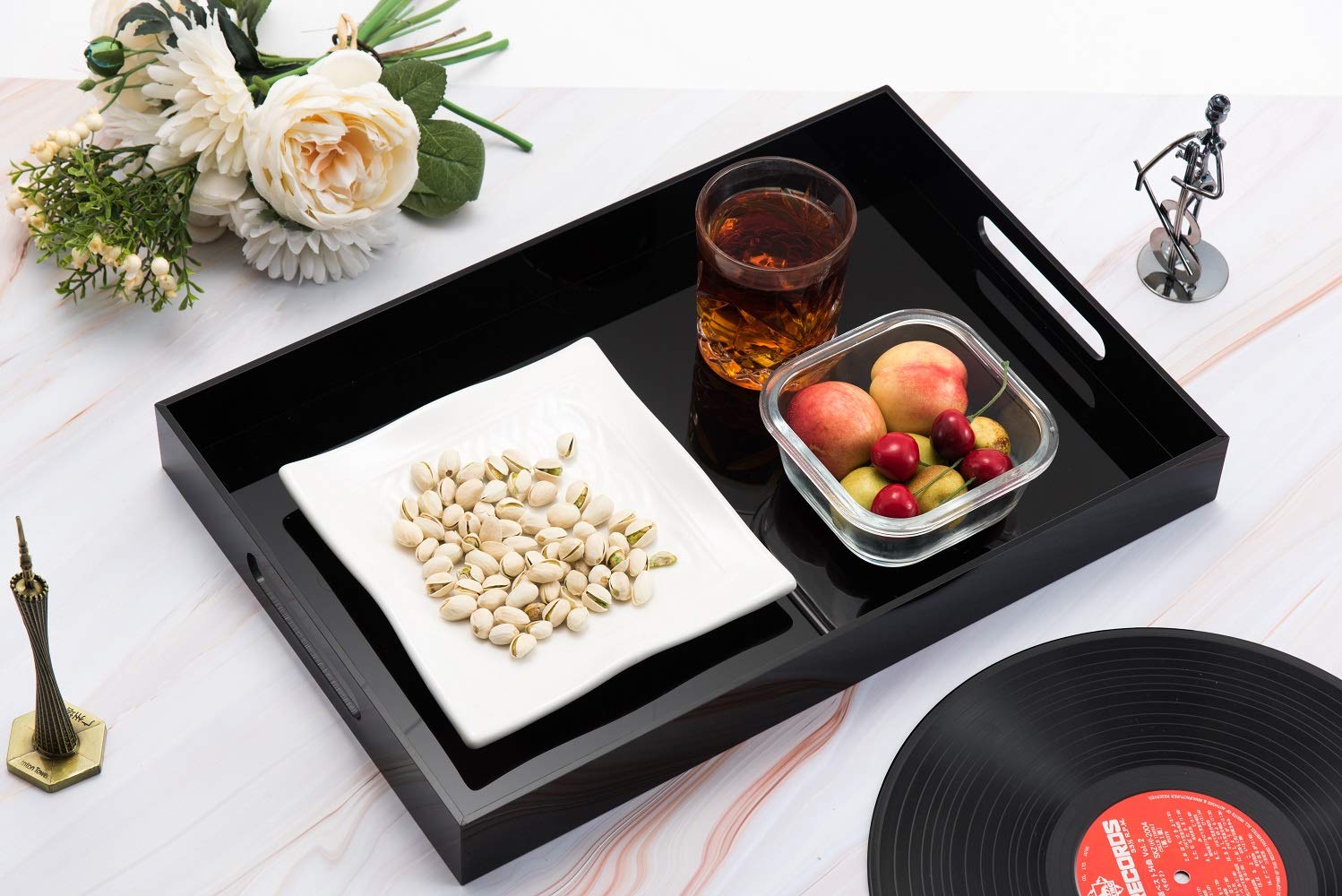 12x16 Inches -Spill Proof  Acrylic Serving Tray   Decorative Tray Organiser for Ottoman Coffee Table Countertop with Handles