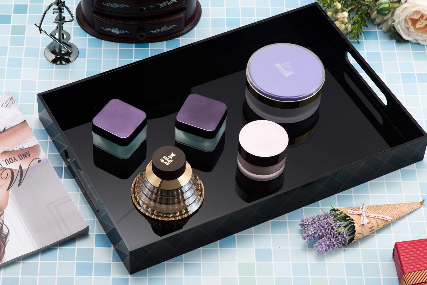 12x16 Inches -Spill Proof  Acrylic Serving Tray   Decorative Tray Organiser for Ottoman Coffee Table Countertop with Handles