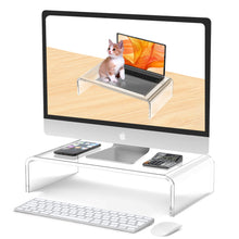 Load image into Gallery viewer, Acrylic Monitor Stand Riser and Laptop Stand - Clear Desk Accessories for Home and Office, White Aesthetic Decorations, iMac Organizer.
