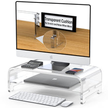 Load image into Gallery viewer, Acrylic Monitor Stand Riser and Laptop Stand - Clear Desk Accessories for Home and Office, White Aesthetic Decorations, iMac Organizer.
