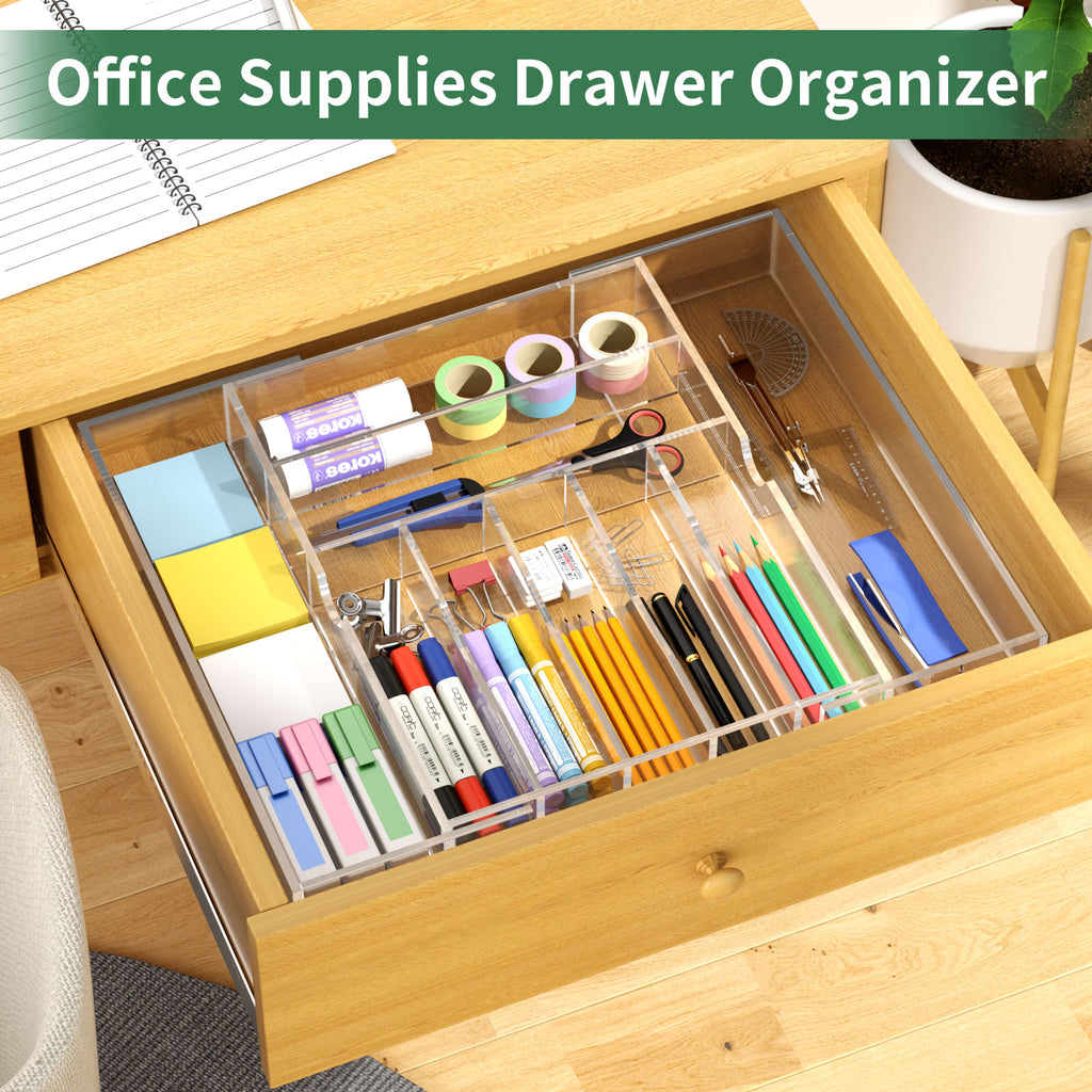 Expandable Kitchen Drawer Organizer for Flatware and Utensils,Clear Acrylic Adjustable Silverware Tray for Drawer,Office,Bathroom Supplies-9 Compartments