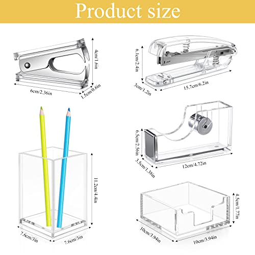 6 Pieces Clear Office Desk Accessories for Women Office Supplies Include Clear Acrylic Tape Dispenser, Notepad Holder, Stapler, Pen Holder, Staples and Staple Remover for Student Teacher