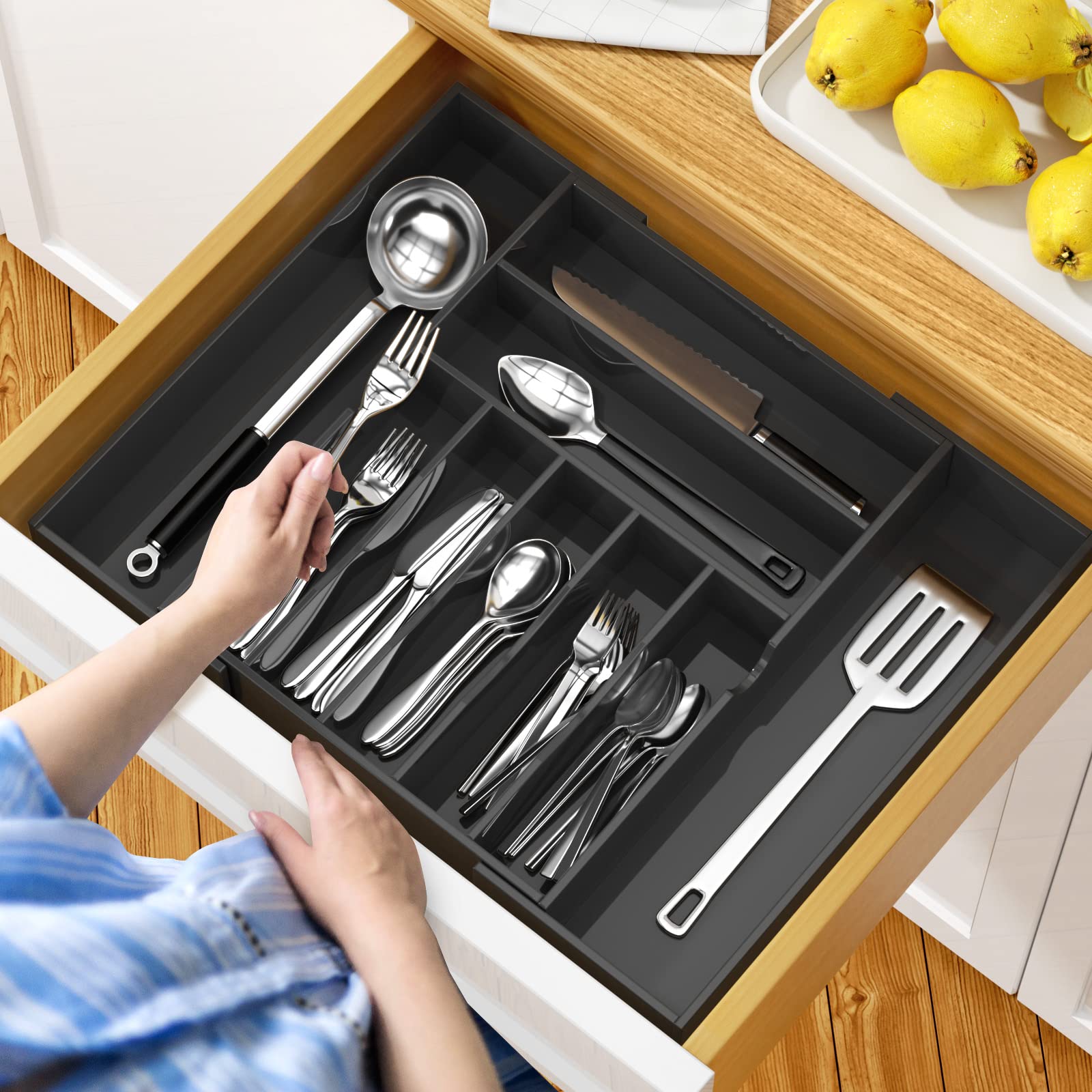 Expandable Kitchen Drawer Organizer for Flatware and Utensils,Clear Acrylic Adjustable Silverware Tray for Drawer,Office,Bathroom Supplies-9 Compartments