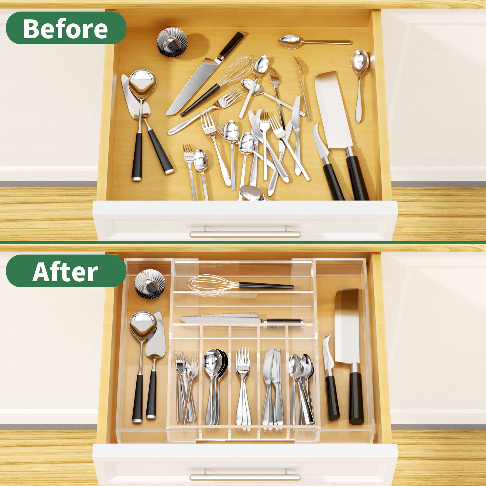 Expandable Kitchen Drawer Organizer for Flatware and Utensils,Clear Acrylic Adjustable Silverware Tray for Drawer,Office,Bathroom Supplies-9 Compartments
