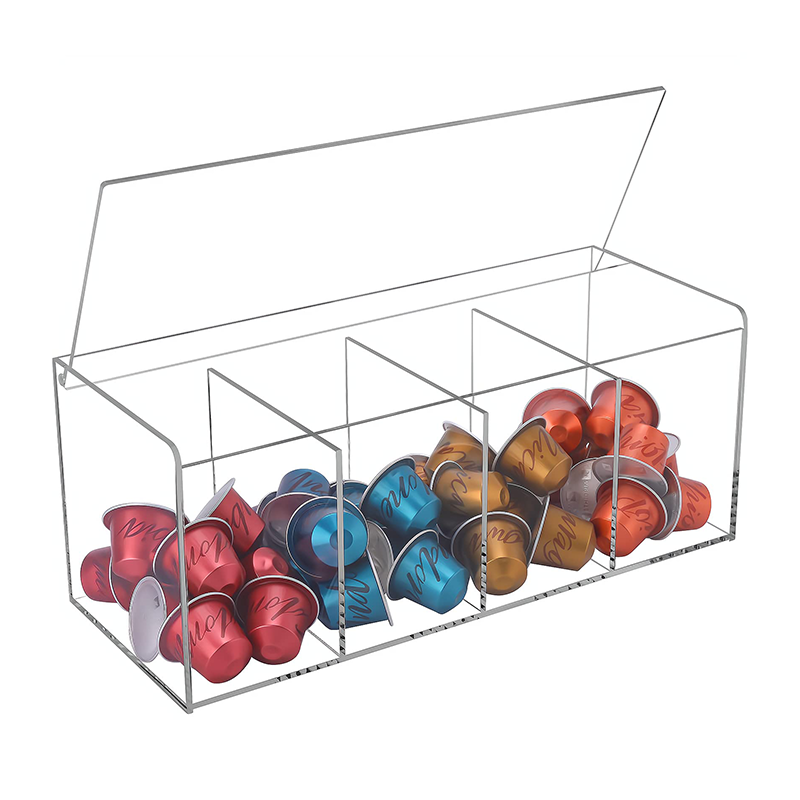 Coffee Pod Holder, Organizer for K Cup, Storage for Coffee Station Counter, Compatible with Nespresso Capsule& Keurig Pods, Coffee Bar Accessories, Acrylic 4 Compartment with Lid - Clear