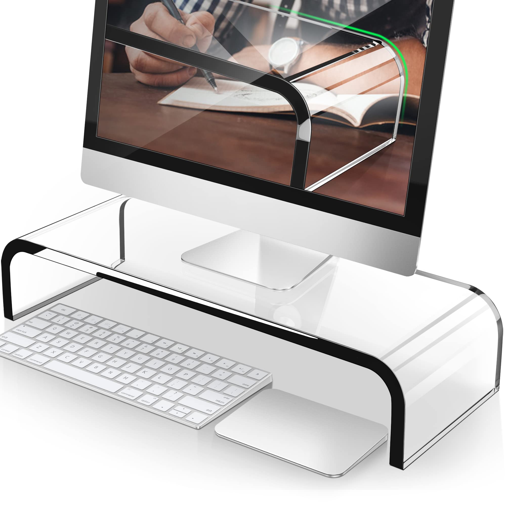 Acrylic Monitor Stand Riser and Laptop Stand - Clear Desk Accessories for Home and Office, White Aesthetic Decorations, iMac Organizer.