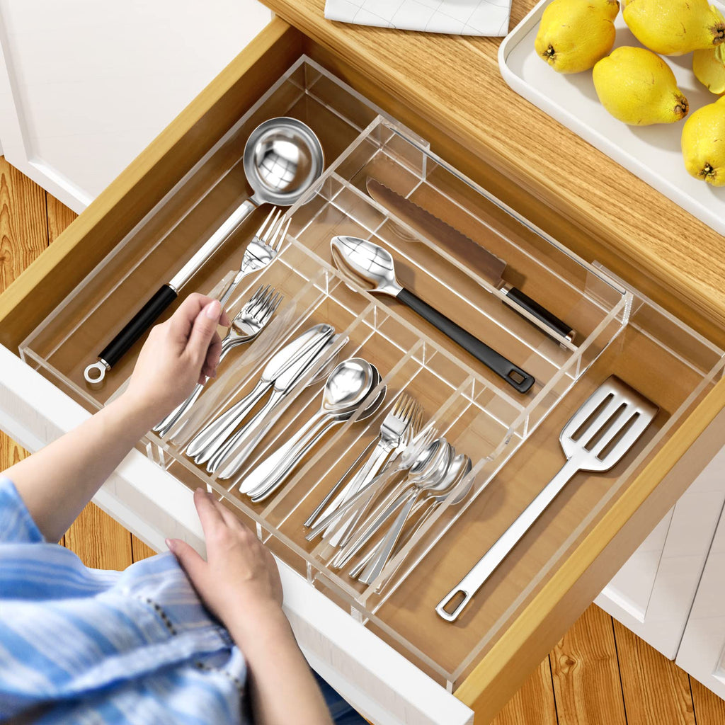 Expandable Kitchen Drawer Organizer for Flatware and Utensils,Clear Acrylic Adjustable Silverware Tray for Drawer,Office,Bathroom Supplies-9 Compartments