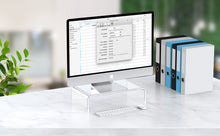 Load image into Gallery viewer, Acrylic Monitor Stand Riser and Laptop Stand - Clear Desk Accessories for Home and Office, White Aesthetic Decorations, iMac Organizer.
