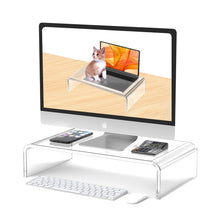 Load image into Gallery viewer, Acrylic Monitor Stand Riser and Laptop Stand - Clear Desk Accessories for Home and Office, White Aesthetic Decorations, iMac Organizer.
