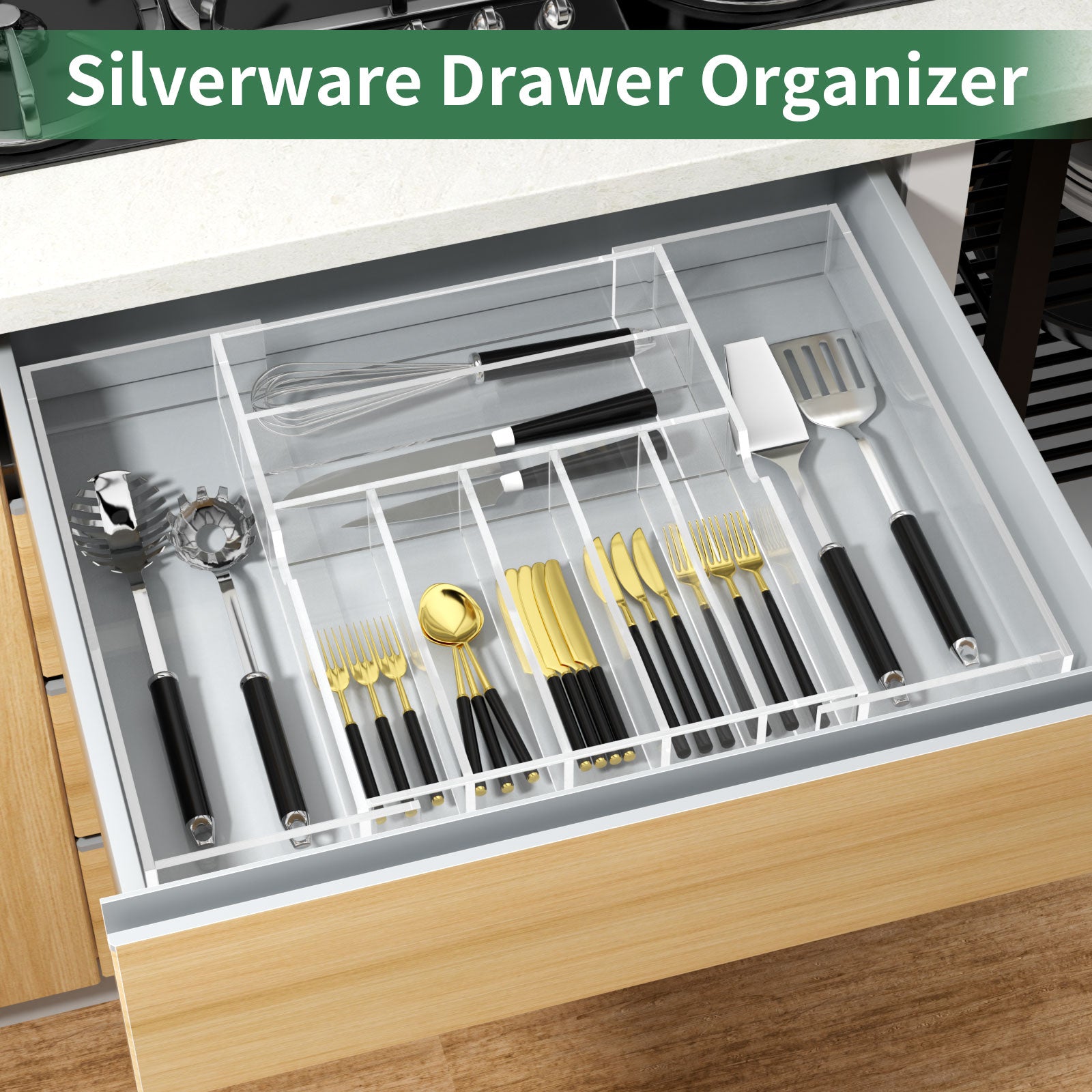Expandable Kitchen Drawer Organizer for Flatware and Utensils,Clear Acrylic Adjustable Silverware Tray for Drawer,Office,Bathroom Supplies-9 Compartments