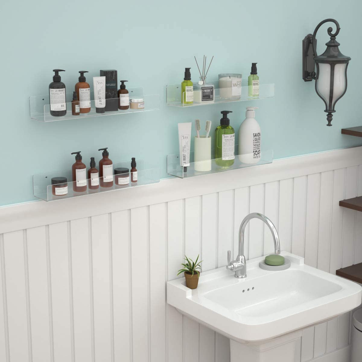 6Pack Acrylic Floating Shelves, 12 inch Clear Bathroom Wall Shelf, Bookshelves, Invisible Display for Office, Bedroom, Small Gap Allows Water to Escape, Free Screws & Drill Bit