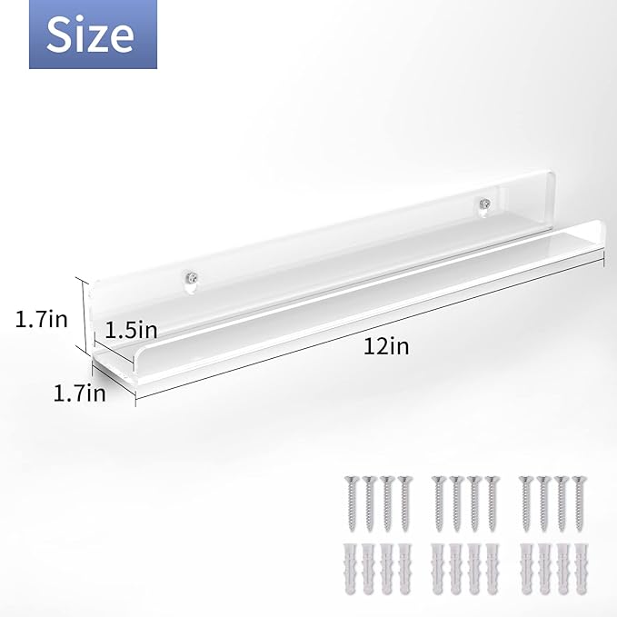 6Pack Acrylic Floating Shelves, 12 inch Clear Bathroom Wall Shelf, Bookshelves, Invisible Display for Office, Bedroom, Small Gap Allows Water to Escape, Free Screws & Drill Bit