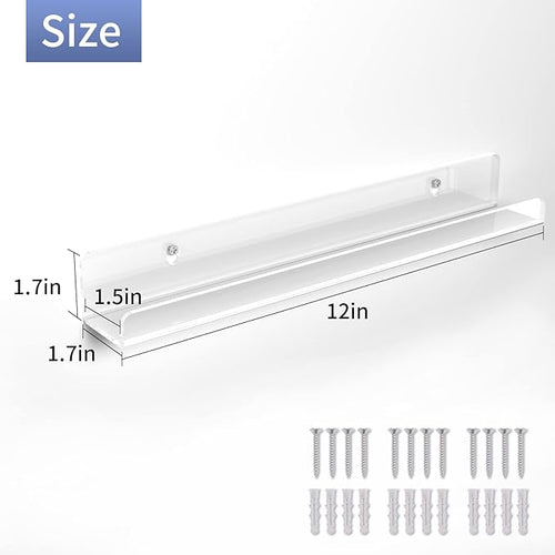 6Pack Acrylic Floating Shelves, 12 inch Clear Bathroom Wall Shelf, Bookshelves, Invisible Display for Office, Bedroom, Small Gap Allows Water to Escape, Free Screws & Drill Bit